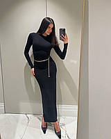 Черное женское облегающее силуэтное длинное платье макси из вискозы с длинными рукавами