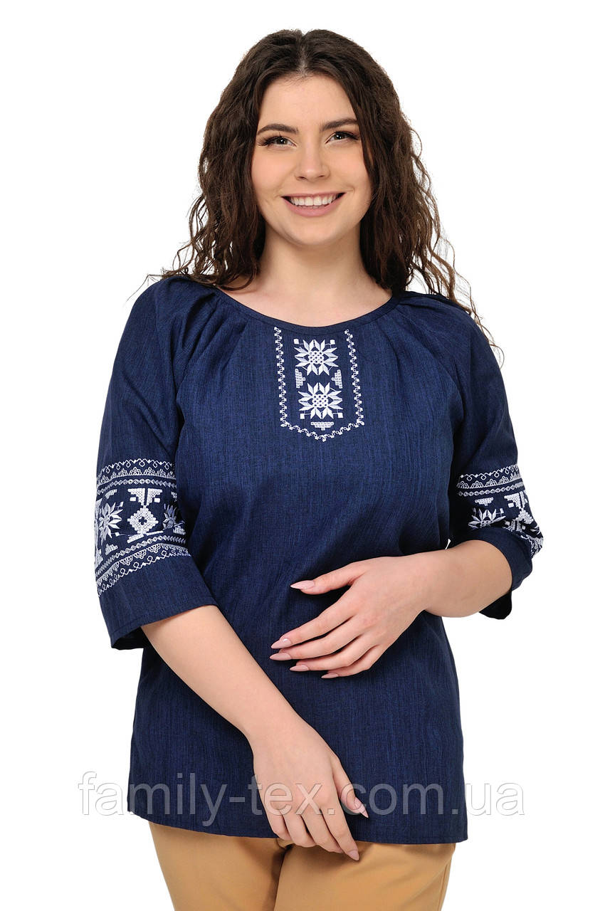 Жіноча елегантна блуза-вишиванка "Пані", синя, розміри 46, 48