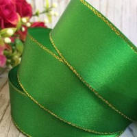Стрічка атласна 2.5 см Зелена з люрексом (за 1 метр)