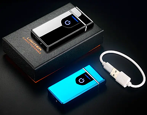 Електроімпульсна USB запальничка Lighter HL-102 сенсорна з подвійною блискавкою у подарунковій коробці золото, фото 2