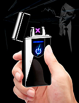 Електроімпульсна USB запальничка Lighter HL-102 сенсорна з подвійною блискавкою у подарунковій коробці золото, фото 3