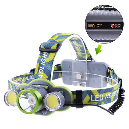 Ліхтар налобний 2133-T6+2COB, 2х18650/3xAA, індикація заряду, signal light, ЗУ microUSB, фото 1
