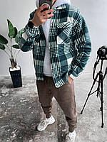 Мужская теплая рубашка-овершот в клетку (зеленая) флисовая уютная комфортная осенне-зимняя одежда s24r6 L