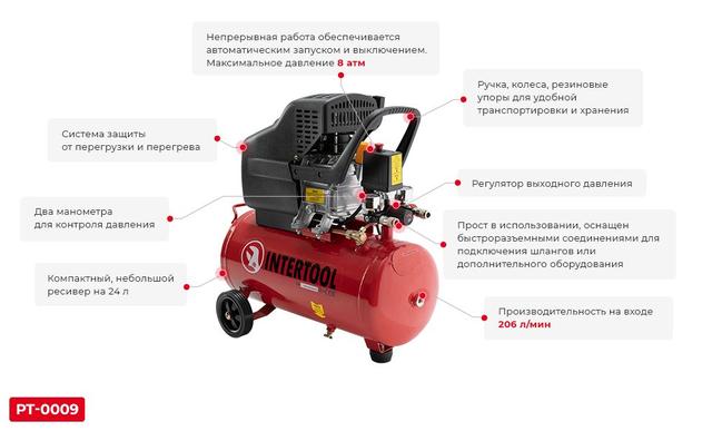 Компрессор 24 л, 1.5 кВт, 220 В, 8 атм, 206 л/мин. INTERTOOL PT-0009