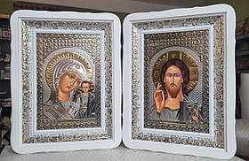 Ікони пара Спаситель П.Б.Казанська в білому деревянному кіоті під склом, розмір 39*29, лік грецький 20×30
