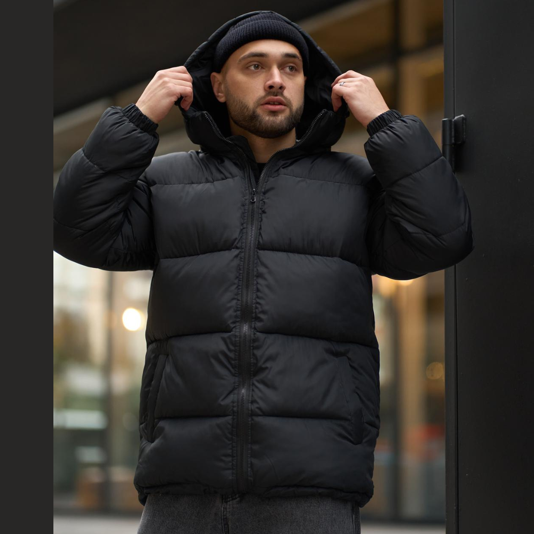 Чоловіча зимова куртка Пуховик Heat Тепла з капюшоном Оверсайз зима осінь чорна