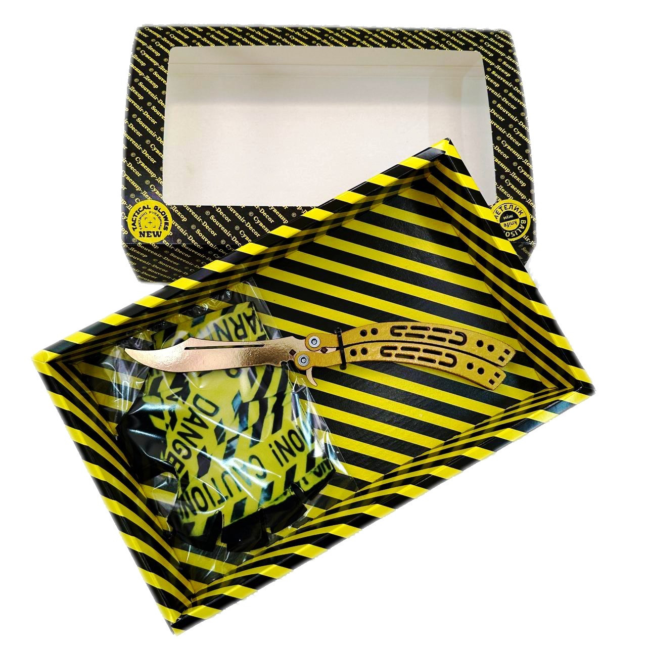 Набір іграшок STANDOFF 2 "Ніж Метелик Gold & Рукавиці Caution", дерев'яна іграшкова зброя, фото 1