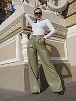 Женские кожаные брюки палаццо, оливка