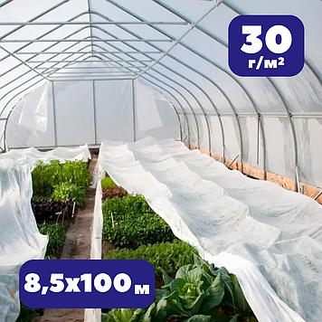 Агроволокно білого кольору 30 г/м² 8,5х100 м в рулоні Shadow для утеплення рослин та теплиць від заморозків