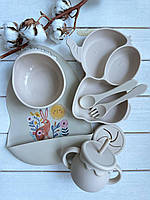 Детский набор силиконовой посуды для прикорма Слон для девочки Бежевый (поилник непроливайка,2 тарелки..)