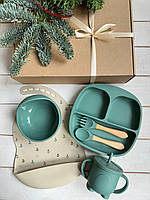 Набор детской силиконовой посуды для прикорма на присосках Корабли Изумрудный зелёный 6 педметов