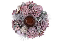 Свічник із шишок зі скляною колбою, з декором з ягід, зірочок та куль, 19см, колір - рожевий RM7-378 ЗАЛИШОК