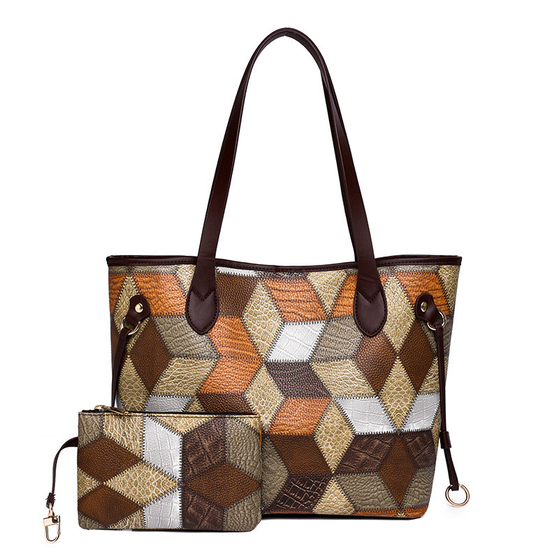 Сумка жіноча з малюнком у наборі з гаманцем коричневого кольору, фото 1