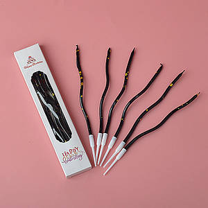 Свічки для торта "Хвилясті" 6 шт. ЧОРНІ з золотими крапками