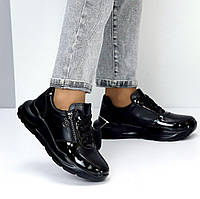 Женские кроссовки кожаные красивые модные удобные черные натуральная кожа/лак