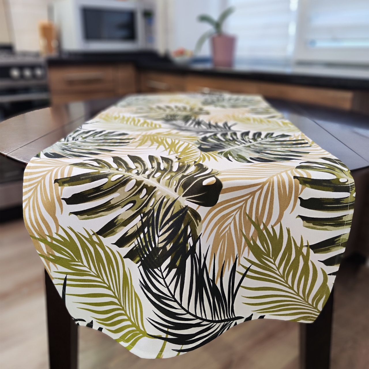 Декоративна стильна доріжка на стіл водовідштовхувальна, настільна доріжка тефлонова Ранер з тропычним листям на білому фоні