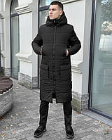 Мужская куртка зимняя удлиненная пальто-куртка до колін. Теплый пуховик с капюшоном. Фото в живую