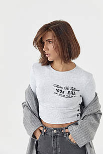 Трикотажна кофта в рубчик з принтом та кнопками - сірий колір, M (є розміри)