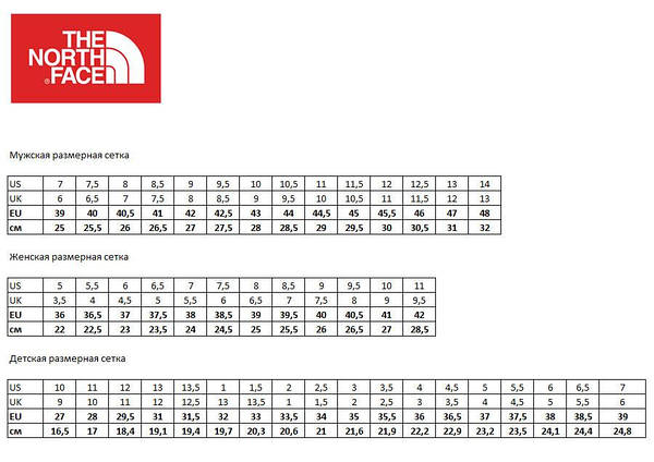 The north face 2024 shoes size chart