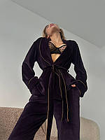 Жіноча піжама / домашній костюм велюрова Шаль халат з коротким поясом / сорочка на запах і штани