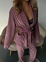 Жіноча піжама / домашній костюм велюрова Шаль халат з коротким поясом / сорочка на запах і штани Пудровый, S