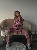 Жіноча піжама / домашній костюм велюрова Шаль халат з коротким поясом / сорочка на запах і штани Пудровый, М