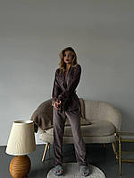 Жіноча піжама / домашній костюм велюрова Шаль халат з коротким поясом / сорочка на запах і штани Мокко, Л