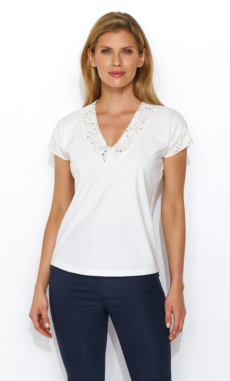 Жіноча літня блузка з мереживом молочного кольору. Модель Sanchi Zaps. Колекція весна-літо 2024