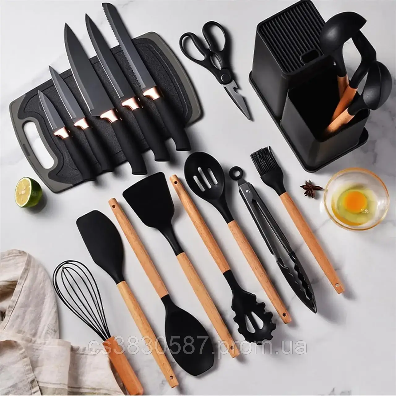 Набір ножів + кухонне начиння із силікону 19 предметів на підставці ZP-107 Набір кухонного приладдя YYY