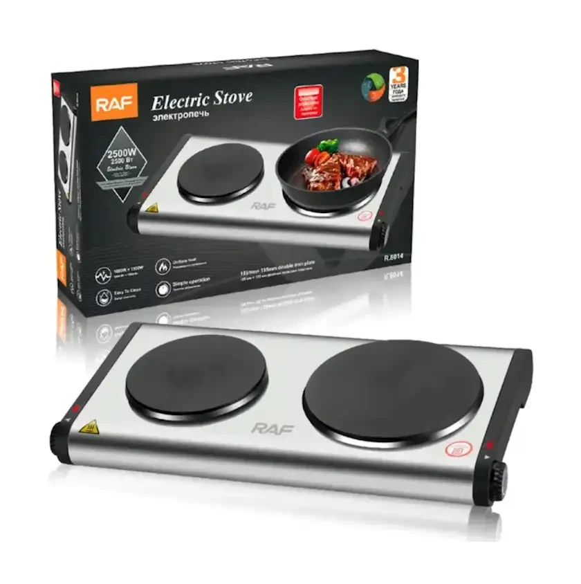 Електрична плита дві конфорки 2500 Вт нержавіюча сталь Raf R.8014, фото 1