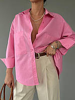 Оверсайз женская хлопоковая рубашка с накладными карманами 253 LO розовый