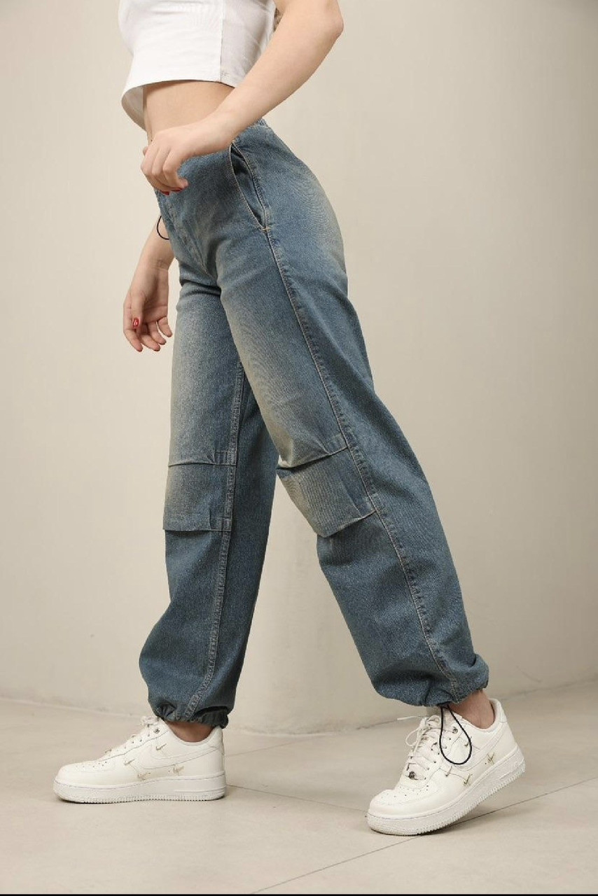 Жіночі вільні джинси зі складкою вінтажного кольору на затяжках у розмірі 28, фото 1