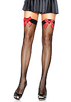 Чулки-сетка с атласным бантиком Leg Avenue Fishnet Thigh Highs Black With Bow Red, one size