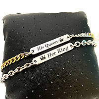 Парные стальные браслеты для влюбленных с прямоугольной пластиной и гравировкой "King and Queen"