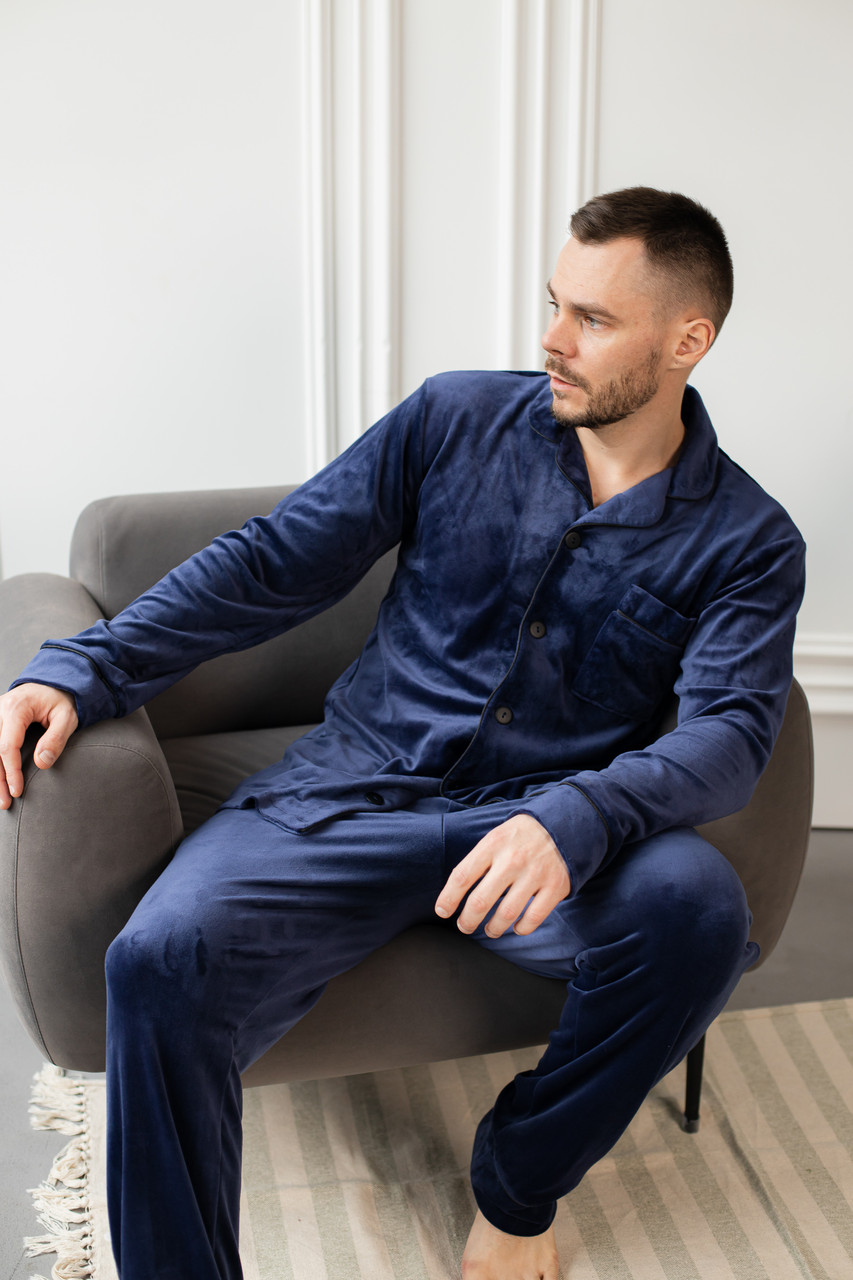 Домашній костюм Піжама чоловіча ВЕЛЮР сорочка і штани СИНІЙ 201103, фото 1