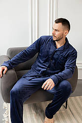 Домашній костюм Піжама чоловіча ВЕЛЮР сорочка і штани СИНІЙ 201103