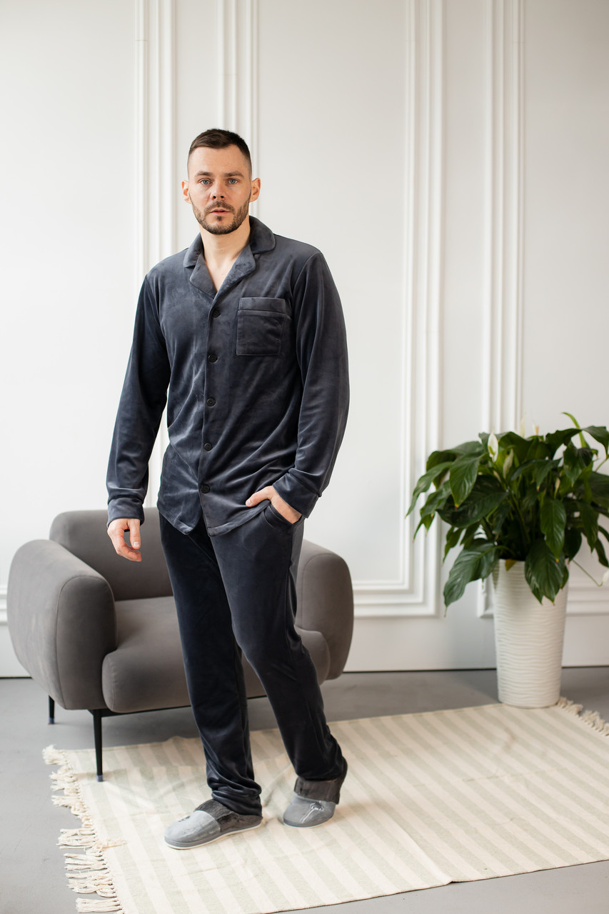 Домашній костюм Піжама чоловіча ВЕЛЮР сорочка і штани ГРАФІТ, фото 1