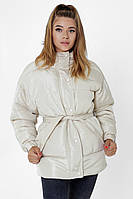 Женская куртка пуффер демисезонная под пояс норма размеры 42-50,цвет молочный