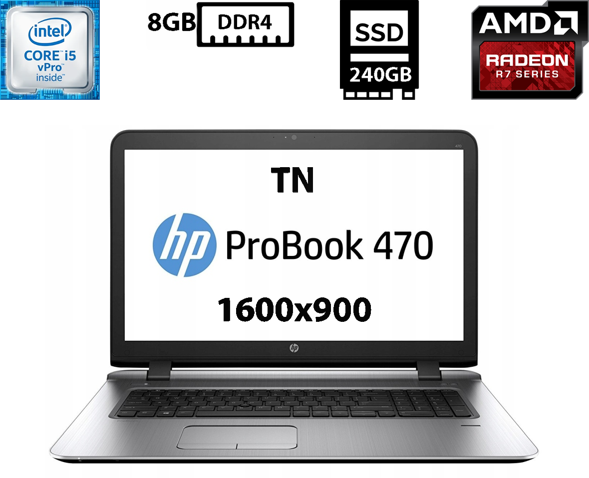 Ноутбук HP ProBook 470 G3/17.3" TN 1600x900/Core i5-6200U 2.30GHz/8GB DDR4/SSD 240GB/AMD Radeon R7 M340/Camera, HDMI