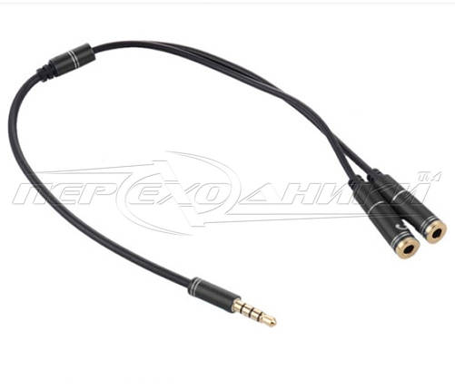 Перехідник 3.5 мм штекер 4 pin на 2 гнізда 3.5 мм (мікрофон + навушники), євроштекер, фото 1