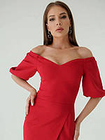 Классическое нарядное платье с юбкой на запах, с рукавами-фонариками, красное