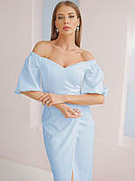Классическое нарядное платье с юбкой на запах, с рукавами-фонариками, голубое