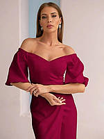 Классическое нарядное платье с юбкой на запах, с рукавами-фонариками, бордовое