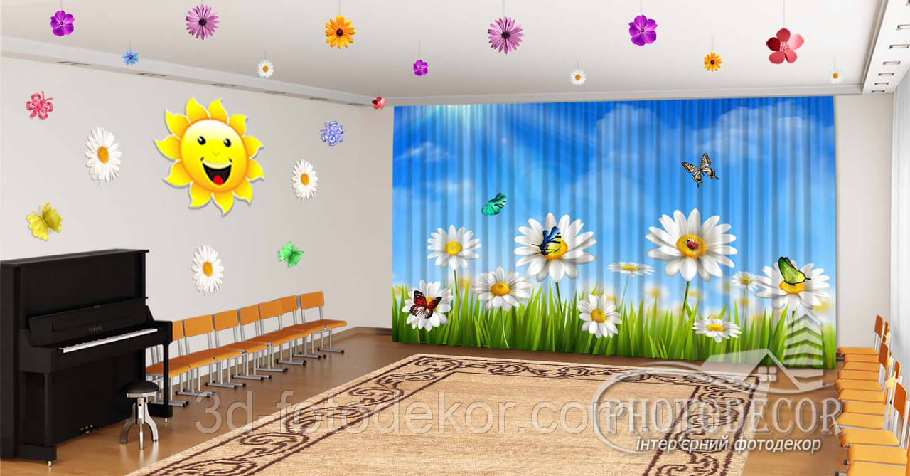 Фото Штори в дитячий садок "3D Ромашки з метеликами" - будь-який розмір, фото 1