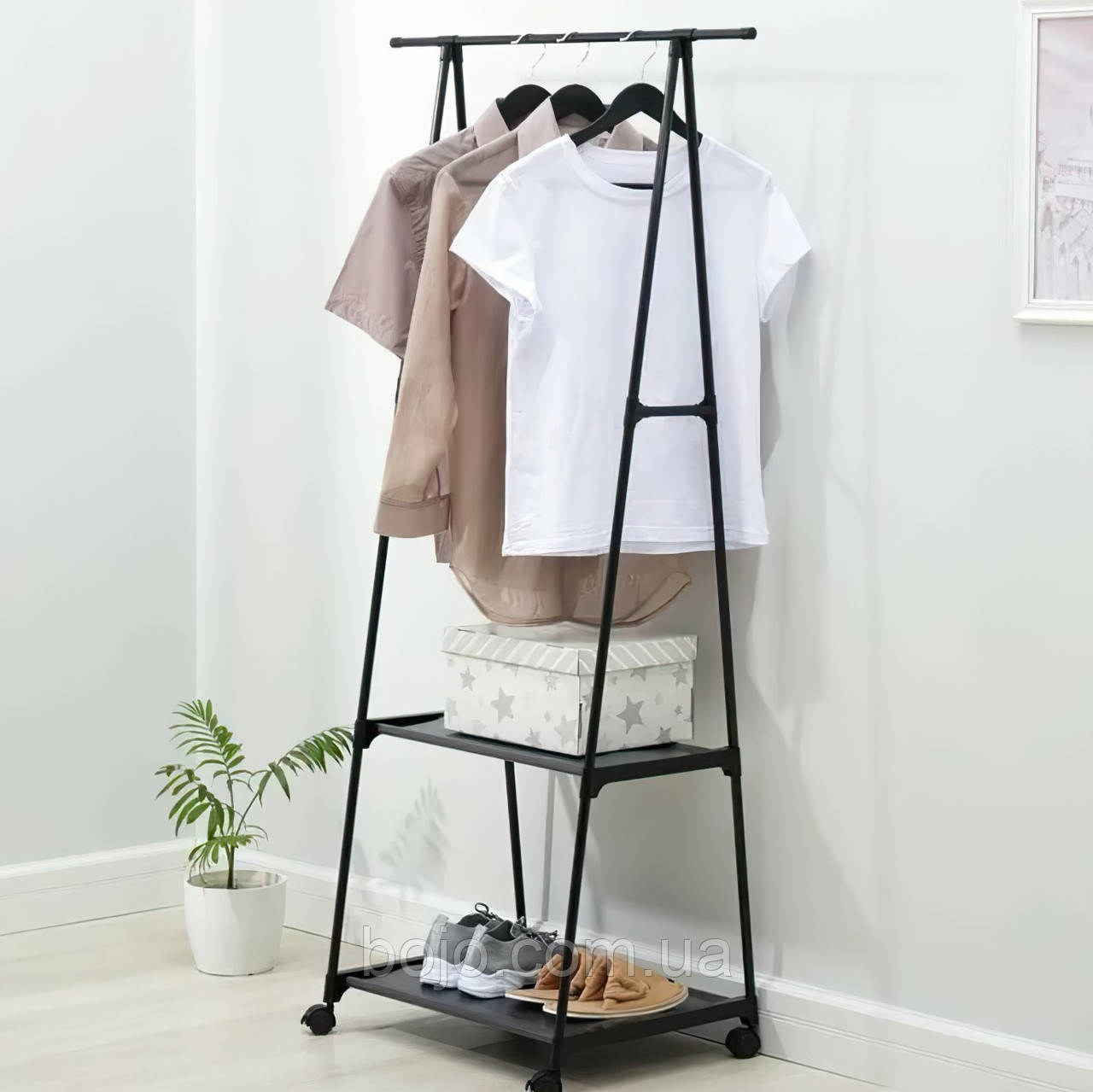Підлогова пересувна вішалка для одягу The New Coat Rack стійка з поличками на коліщатках чорний (YH6601)