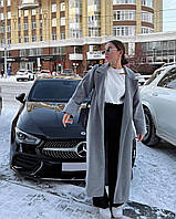 Кашемировое зимнее пальто макси с поясом на подкладке (черное, серое, карамельное) оверсайз Серый