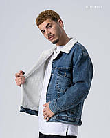 Мужская куртка-джинсовка на меху (синяя) удобная теплая демисезонная с воротником sbjr4blue