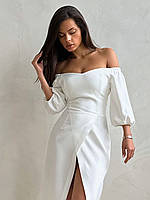 Красиве молодіжне плаття-міді, з розрізом, з костюмної тканини, біле