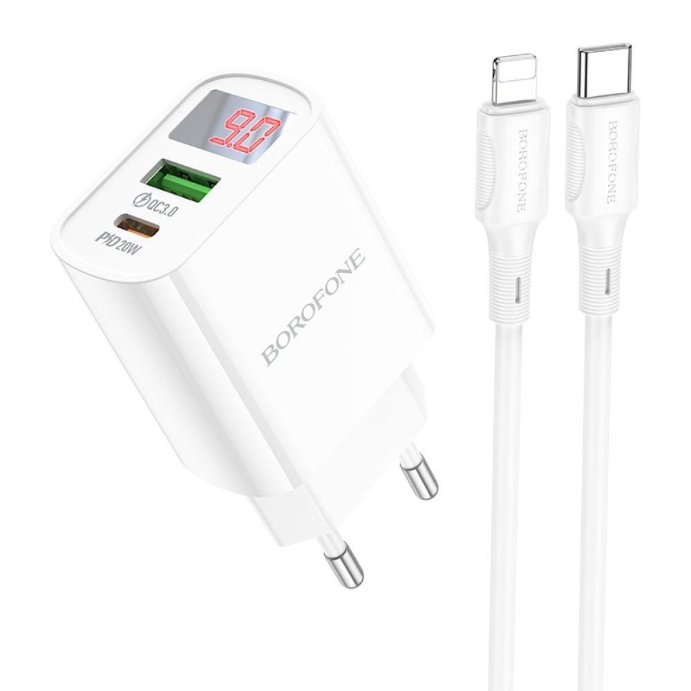 Мережевий Зарядний Пристрій Borofone BA78A PD20W+QC3.0 digital display Type-C to Lightning Колір Бiлий 6941991101946