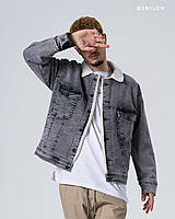 Мужская куртка-джинсовка на меху (серая) удобная теплая демисезонная с воротником sbjr1lgr
